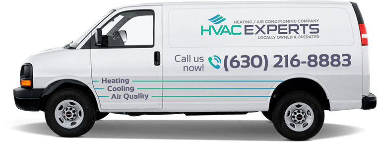 A white van with HVAC Experts’ logo, contacts and main service list.